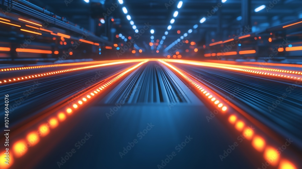 Fototapete A dynamic scene featuring illuminated lines suggesting motion and technology, with glowing orange and blue elements creating a futuristic atmosphere.