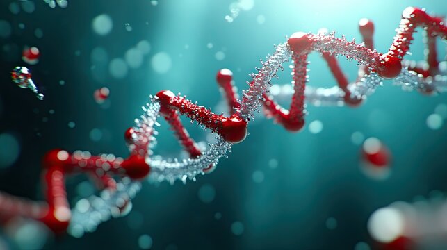Explore the intricate beauty of a 3D DNA structure highlighted in vibrant red against a serene blue background filled with molecular details