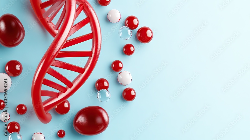 Poster highly detailed 3d rendering of a vibrant red dna helix on a blue background surrounded by various m