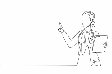 Single one line drawing female doctor holding clipboard. Leadership, knowledge and dedication to her work. Always contribute. National Women Physicians Day. Continuous line design graphic illustration