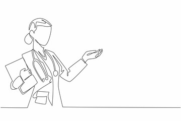 Continuous one line drawing a female doctor hold a clipboard and gesturing with her hand. Contributions of women in medical. National Women Physicians Day. Single line draw design vector illustration