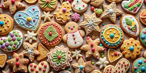 A Festive Assortment of Hand-Decorated Gingerbread Cookies, Featuring an Array of Shapes, Colors, and Delicious Frosting Details