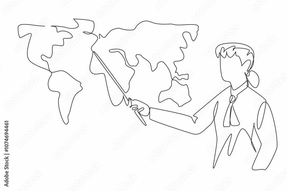 Poster single continuous line drawing woman holding a stick and pointing at a world map. expert explaining 