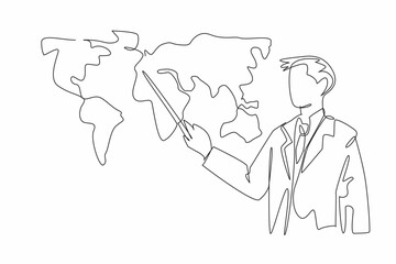 Single one line drawing man hold stick pointing to world map. National TV News. Expert explanation of weather until tomorrow. National Weatherperson's Day. Continuous line design graphic illustration