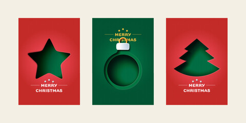 Set of Merry Christmas greeting card. Trendy minimalist design with Star, Christmas Ball and Christmas Tree. Paper art Vector Illustration. Template for poster, banner, holiday cover.