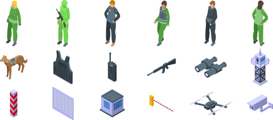 Border guard icons set. Isometric icons represent border security, featuring guards, equipment like vests, guns, and binoculars, and surveillance technology such as drones and cameras