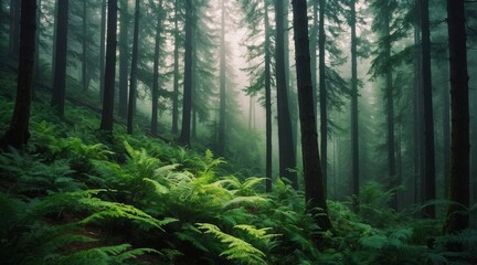 Fototapeta premium lush green forest on a misty fog