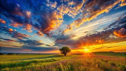 Fototapeta premium A solitary tree stands tall in a vibrant green field, bathed in the warm glow of a setting sun, its golden rays illuminating the rolling hills and casting long shadows across the landscape.