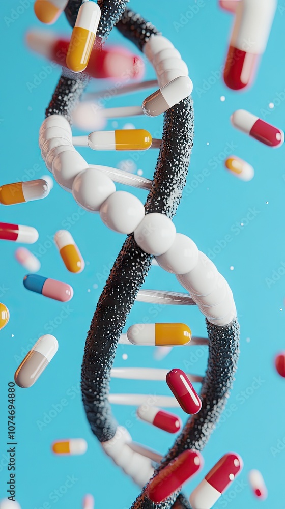 Poster exploring the intricate design of a dna structure surrounded by vibrant capsules in a surreal 3d ren