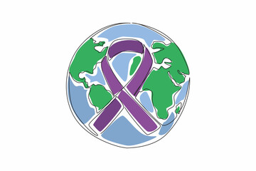 Continuous one line drawing ribbon forming cancer campaign symbol with a globe background. Cancer exists. Prevent early. Make world aware. World Cancer Day. Single line draw design vector illustration