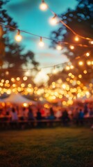 A group of people are gathered in a field with lights hanging from the trees