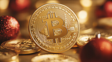 Close-up of Bitcoin Coin Surrounded by Holiday Ornaments