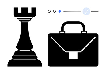 Chess rook beside a briefcase, both in monochrome, with three dots and a check mark. Ideal for strategy, business decisions, leadership, planning, corporate growth management and goal setting. Line