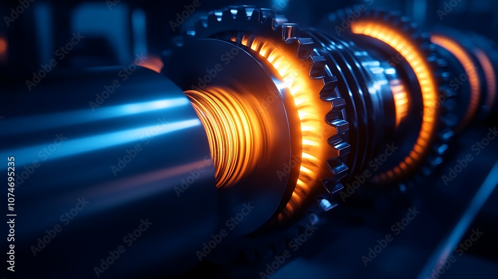 Poster a close-up view of metallic gears with glowing orange accents, showcasing intricate mechanics and an