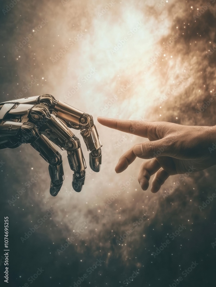Leinwandbilder a robotic hand and a human hand extend towards each other, illustrating the merging of human innovat