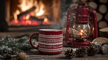 Cozy winter scene with red mug and lantern by fireplace.