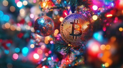 Bitcoin and Ethereum Coins Decorated with Christmas Elements