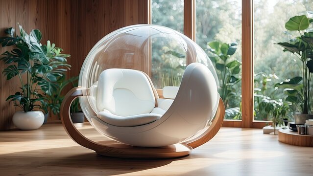  Editorial photography, translucent orb, futuristic sci-fi pod chair, flat design, product-view, natural lighting, flora, natural daylighting, zbrush, 8K, and a natural wooden setting-