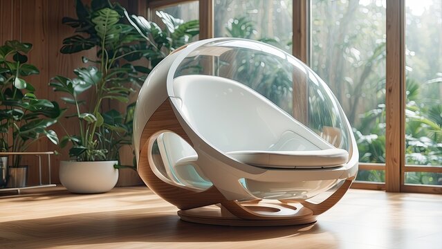  Editorial photography, translucent orb, futuristic sci-fi pod chair, flat design, product-view, natural lighting, flora, natural daylighting, zbrush, 8K, and a natural wooden setting- - Powered by Adobe