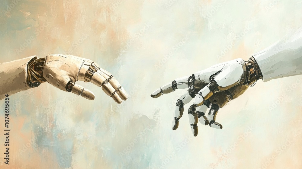 Poster a human hand extends toward a robot hand, symbolizing the potential for unity between humanity and t