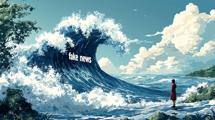A person stands before a massive wave with fake news text, symbolizing the overwhelming impact of misinformation.