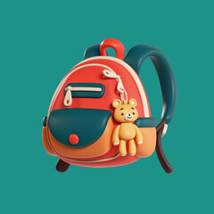 Cute red yellow school backpack with pocket and kawaii plush toy bear keychain. Concept art Back to school, education, study, preschool learning. Satchel for small children. 3d render green backdrop.