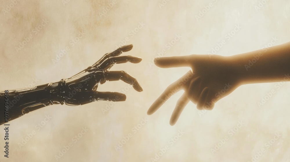 Fototapete The robot hand and human hand extend towards one another, symbolizing connection and cooperation between technology and humanity. Generative AI