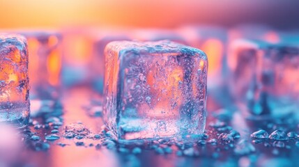 Bright ice cubes enveloped in radiant sunset light