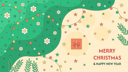 Merry Christmas and Happy New Year background design with flowers, leaves, stars, lights, and a gift.