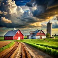 Fototapeta premium a farm with a house on the left and a cloudy sky