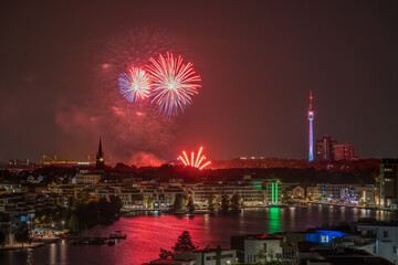 View of the night landscape and fireworks Phoenix Lake, Dortmund,Germany