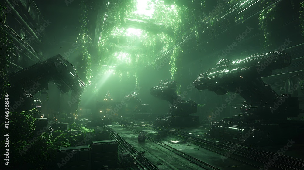 Poster a futuristic, green-lit industrial landscape filled with glowing structures and machines, creating a