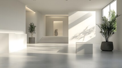 Obraz premium 90. A contemporary art space with stark white walls, a simple pedestal, and an open space for a product