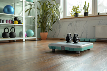step platform, dumbbells and kettlebell at home