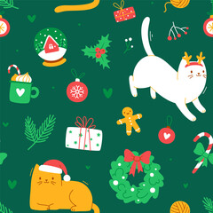 Cute christmas pattern with cats. Seamless vector cartoon xmas print for kids.