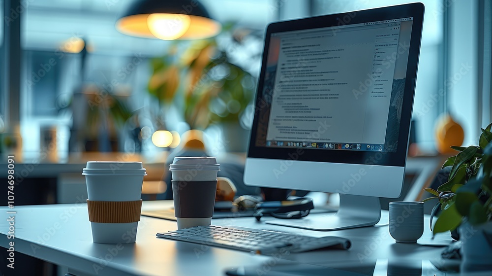 Poster a computer screen on the white desk in the office. in front of the screen sits a mobile and a cup of