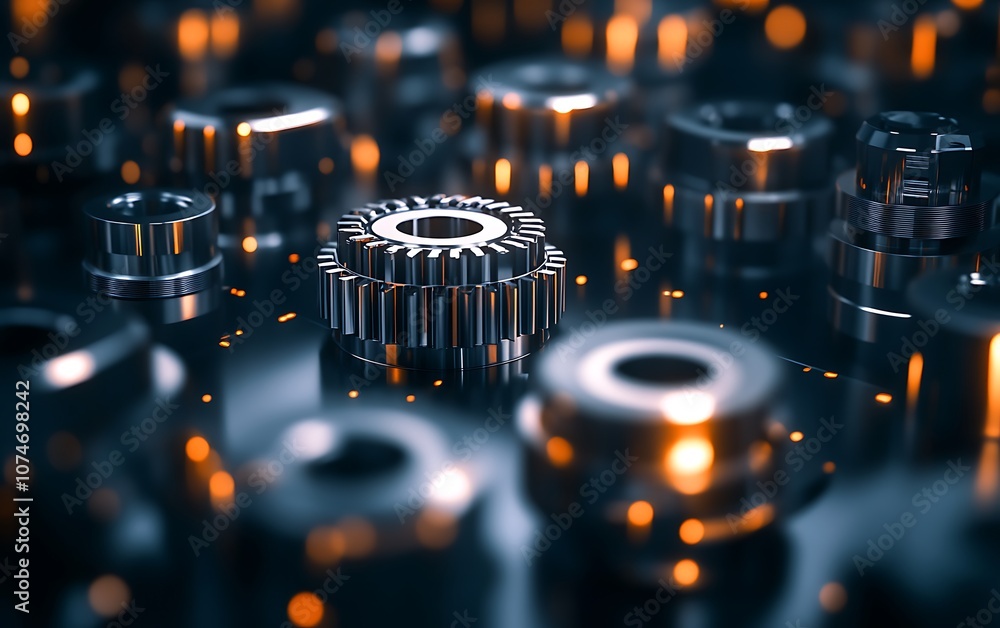 Aufkleber A close-up view of intricate metallic gears and machinery, set against a dark background with glowing highlights, showcasing engineering detail and craftsmanship.