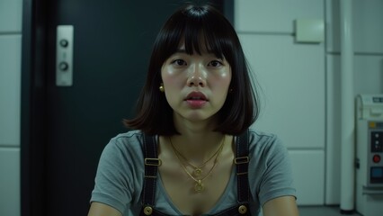 A young woman with a bob haircut and casual attire sits alone in a dimly lit, minimalistic room, looking contemplative and serious as she faces the camera thoughtfully