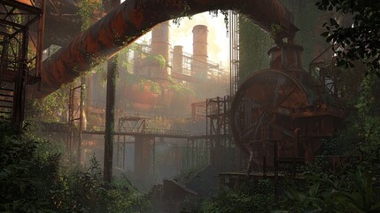 Eerie Abandoned Factory Overgrown by Nature Symbolizing Industrial Decline and Rebirth, with Dramatic Lighting