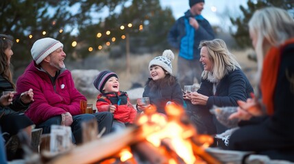 Family gathering around a cozy campfire, enjoying laughter and warmth under the evening sky in a relaxed outdoor setting