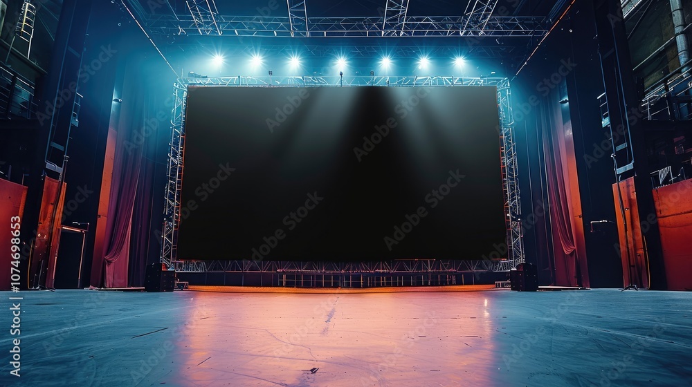 Poster a large widescreen led panel in the center of the image, surrounded by a metal stage structure. the 