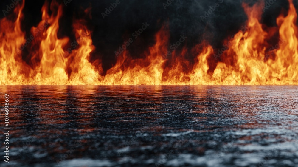 Poster a mesmerizing dance of fiery flames reflecting on a dark water surface, creating an enchanting abstr