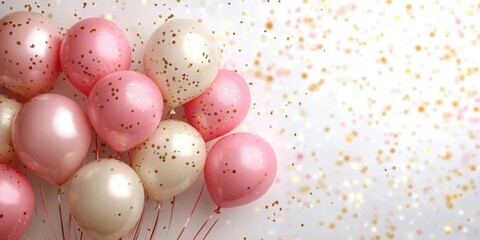 Festive Pink and Gold Balloons with Glittery Confetti on a Bright Background Perfect for Celebrations, Parties, and Special Events