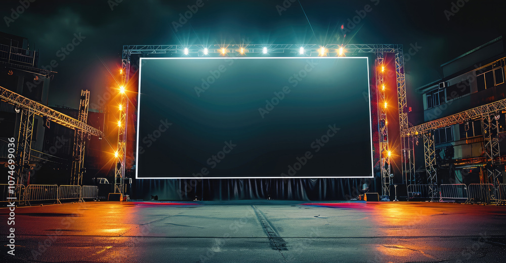 Poster a large widescreen led panel in the center of the image, surrounded by a metal stage structure. the 