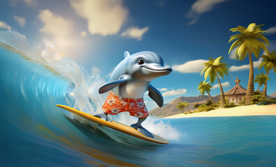 3D dolphin surfing in the ocean