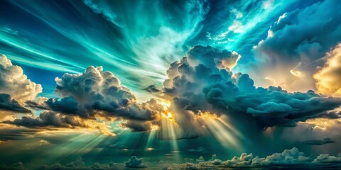Fototapeta premium A Dramatic Sky Filled With White And Gray Clouds As Sunlight Beams Through, Creating A Vibrant, Artistic Image