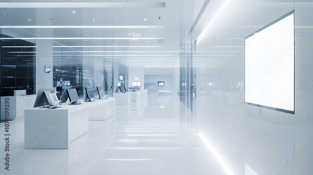 Poster 94. a high-end technology store with sleek displays and an empty space for a product