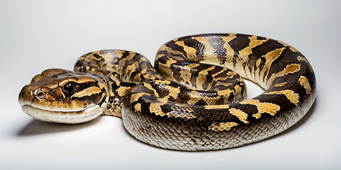 Obraz premium a coiled snake with various unique patterns and types, lying on a white background. Realistic view. created with generative AI
