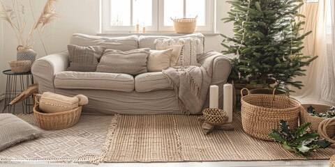 Obraz premium Scandinavian-style Living Room with Christmas Tree and Minimalist Decor