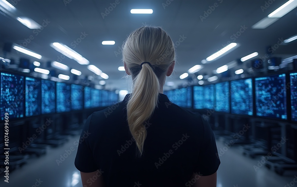 Poster A person with a ponytail stands in a dimly lit room filled with rows of glowing screens, creating a futuristic tech environment.